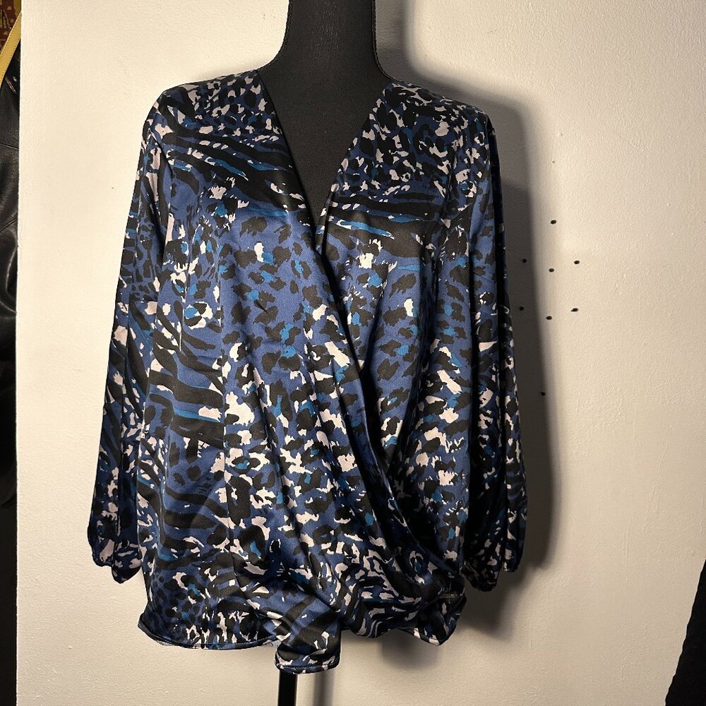 Chic Blue & Black Abstract, Wrap Style Blouse - V-Neck with Balloon Sleeves